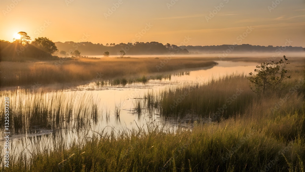 Dawn’s Whisper: Tranquil Marsh in Golden Light. Dawn’s Whisper: Tranquil Marsh in Golden Light.