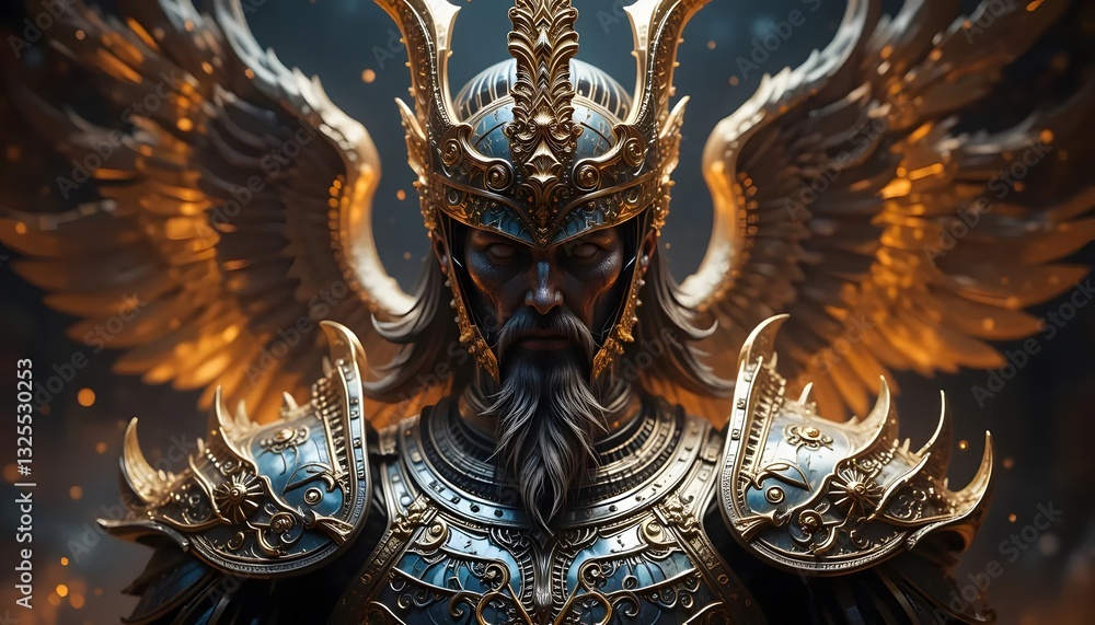 Fototapeta premium Warrior Angel Illustration in Golden Armor with Dramatic Lighting