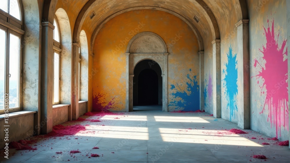 Obraz premium Spacious hall with arched windows, paint splatters, and scattered confetti on the floor.