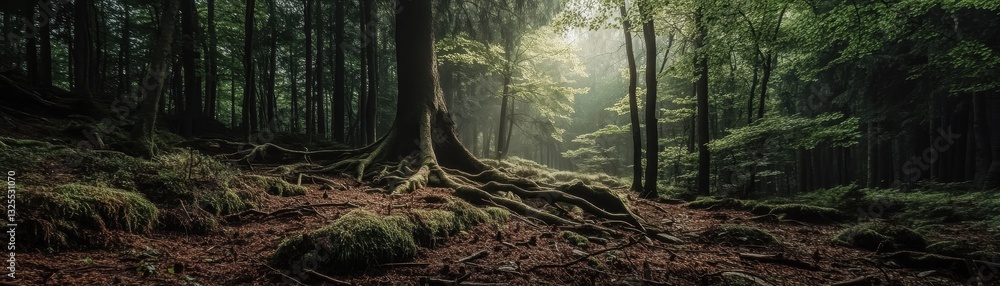 Fototapeta premium Serene forest landscape with sunlight filtering through trees.