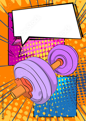 Cartoon Dumbbell with blank speech bubble, comic book Powerlifting background. Retro vector comics pop art design.