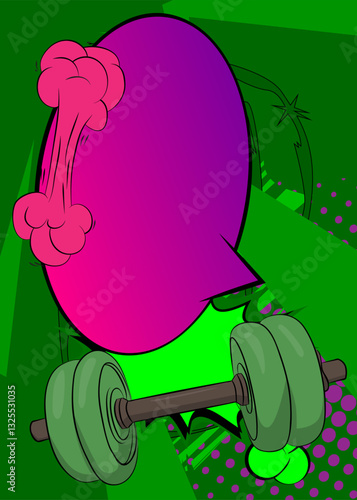Cartoon Dumbbell with blank speech bubble, comic book Powerlifting background. Retro vector comics pop art design.