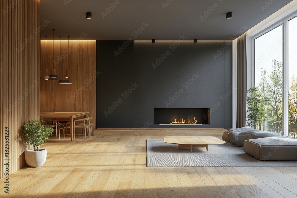 Fototapeta premium Modern living room interior with wood floor and fireplace, dining table against a dark wall, modern minimalist style home design concept