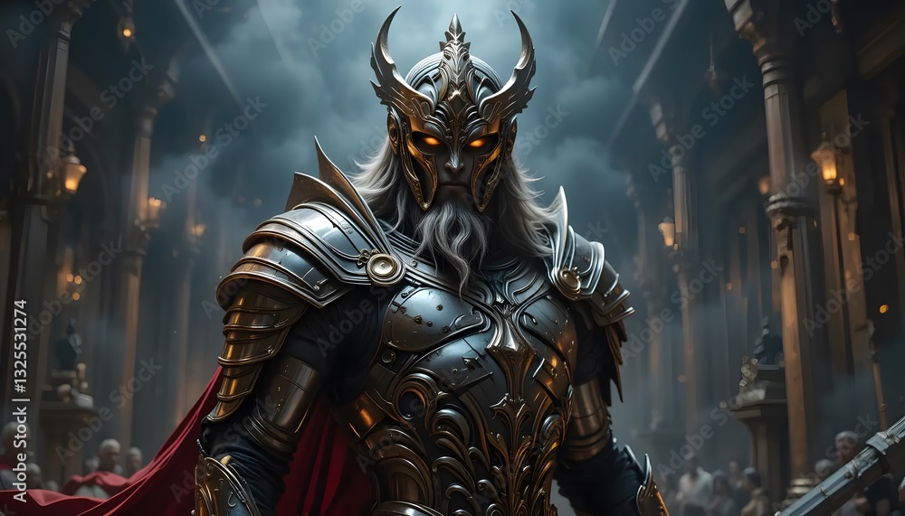 Fototapeta premium Warrior King in Golden Armor with Glowing Eyes Stands Ready