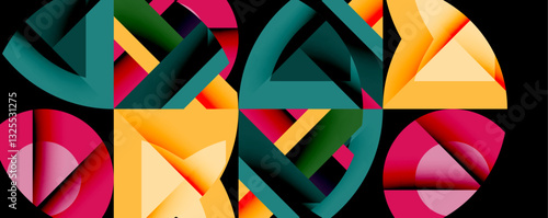 Abstract geometric artwork with interwoven angular and curved shapes, dynamic composition with smooth gradients and bold contrasts