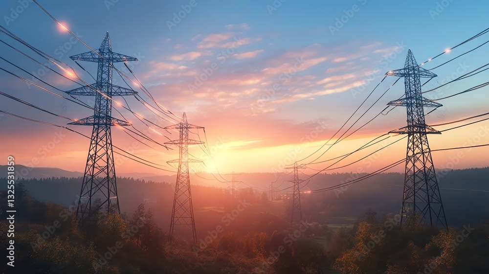 Fototapeta premium Electrical Power Lines Towers with Sunset Sky and Forest Landscape View