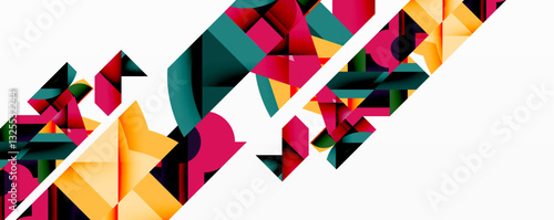 Abstract geometric artwork with interwoven angular and curved shapes, dynamic composition with smooth gradients and bold contrasts