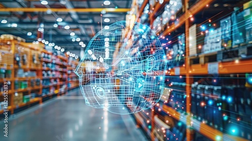 Futuristic Warehouse with Digital Global Network and Technology Graphics
