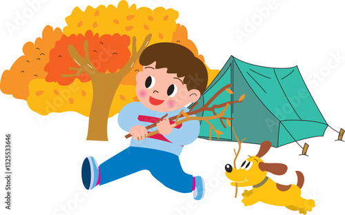 秋のキャンプで薪を集める男の子と犬
