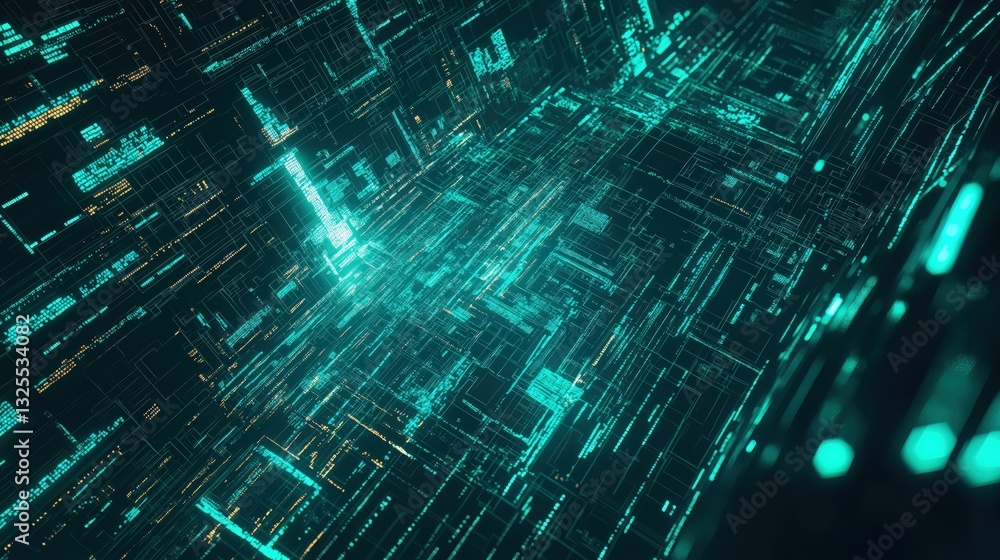 Generative AI, Futuristic Abstract Light Streaks in Neon Blue and Emerald Green