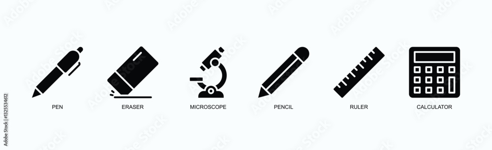 Education And Study Tools Icon Set Icon Set Isolated Vector Illustration Concept With Icon Of Pen, Eraser, Microscope, Pencil, Ruler, Calculator In Glyph Style Education And Study Tools Icon Set Icon Set Isolated Vector Illustration Concept With Icon Of Pen, Eraser, Microscope, Pencil, Ruler, Calculator In Glyph Style