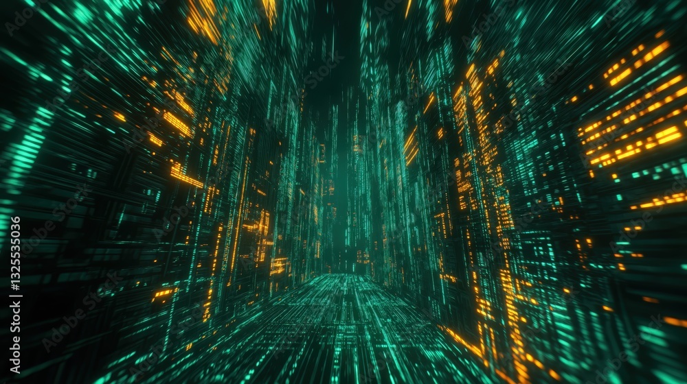 Generative AI, Futuristic Abstract Light Streaks in Neon Blue and Emerald Green