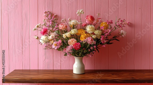 Wallpaper Mural Vibrant Floral Arrangement in White Vase Set Against Rustic Pink Wooden Wall Backdrop Display Torontodigital.ca