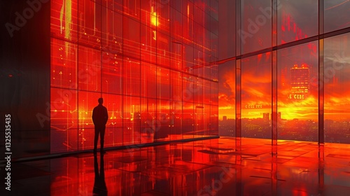 Man Staring at City Skyline During Vibrant Sunset from Office Window