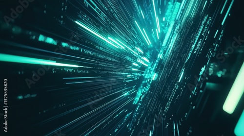 Generative AI, Futuristic Abstract Light Streaks in Neon Blue and Emerald Green