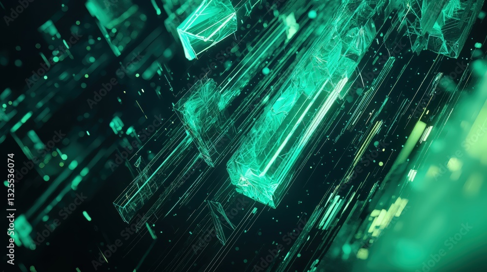 Generative AI, Futuristic Abstract Light Streaks in Neon Blue and Emerald Green
