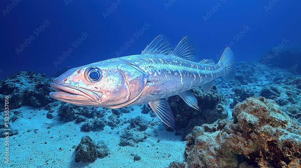 Fototapeta premium Underwater Barracuda Close Up Shot in Deep Blue Ocean Environment with Coral and Sand Seafloor