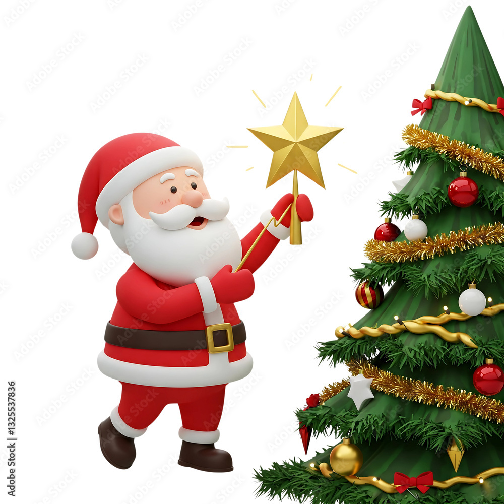 Fototapeta premium Single, realistic Santa Claus and Christmas decorations with festive lighting effects, isolated on a clean white background. Perfect for holiday themes, product showcases, or creative projects. High-q