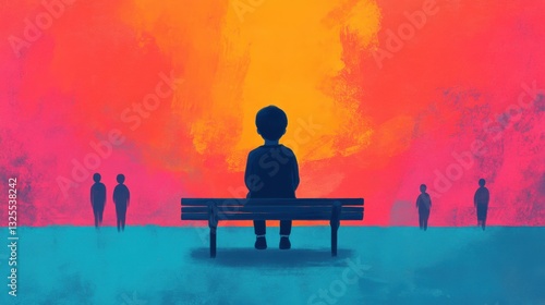 a lonely child sitting on a bench, feeling isolated while others walk away