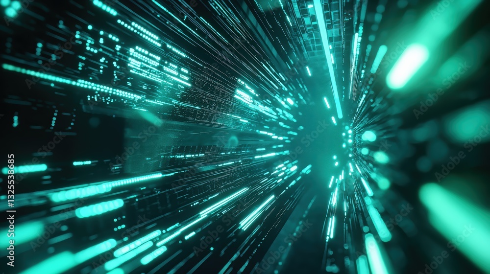 Generative AI, Futuristic Abstract Light Streaks in Neon Blue and Emerald Green