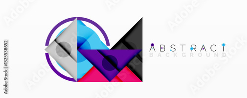 Geometric abstract design with layered triangles, circles, and gradients, forming a structured pattern with sharp contrasts and depth
