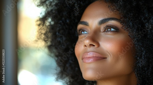 Beautiful Woman with Curly Hair Looks Upward with a Dreamy Expression and Soft Lighting Effects
