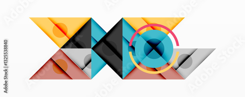 Geometric abstract design with layered triangles, circles, and gradients, forming a structured pattern with sharp contrasts and depth