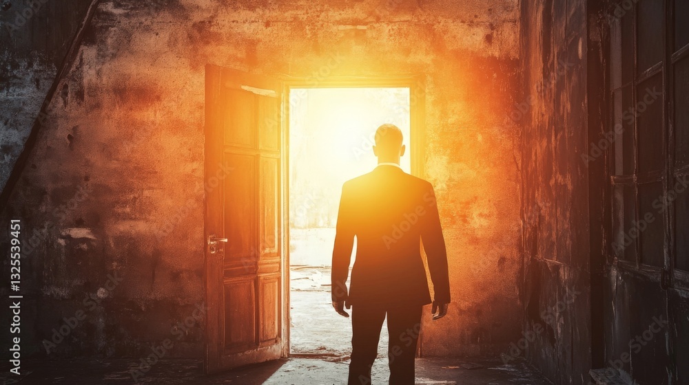 Fototapeta premium Silhouette of man standing in doorway looking towards bright light.