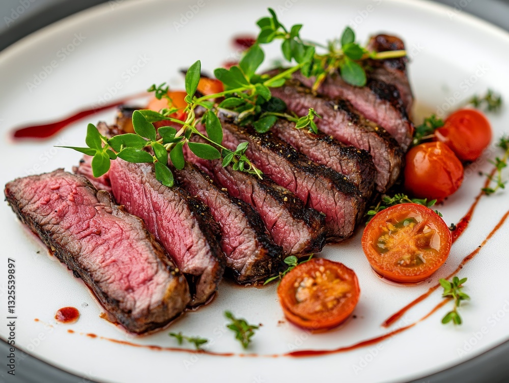 Roasted beef slice with herb and tomato garnish - ai Roasted beef slice with herb and tomato garnish - ai