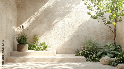Peaceful Interior Garden Sunlight on Steps with Plants and Textured Walls Tranquil Serenity Outdoors