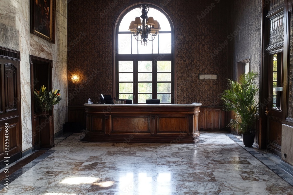 Fototapeta premium Elegant hotel reception area with a wooden desk, marble floor, and large arched window.