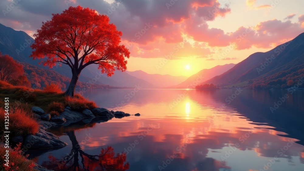 Obraz premium Serene autumn sunset over calm lake with vibrant red tree reflecting in water
