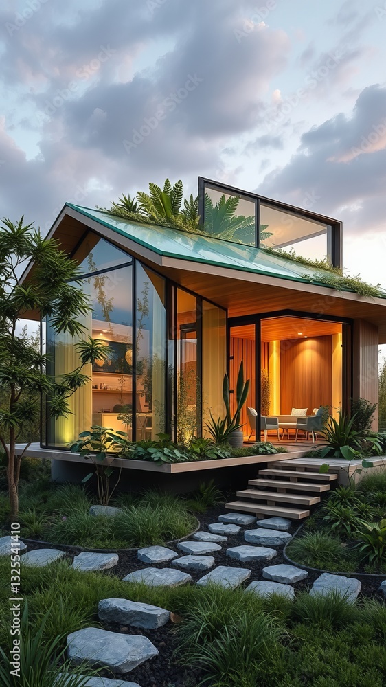 Beautiful house with a distinctive green roof surrounded by lush landscaping and bright atmosphere Beautiful house with a distinctive green roof surrounded by lush landscaping and bright atmosphere
