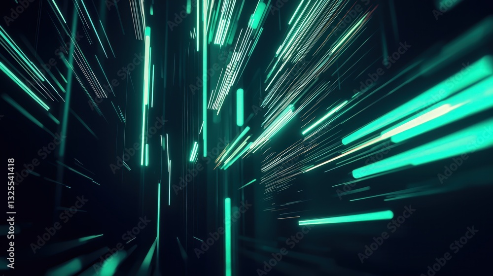 Generative AI, Futuristic Abstract Light Streaks in Neon Blue and Emerald Green
