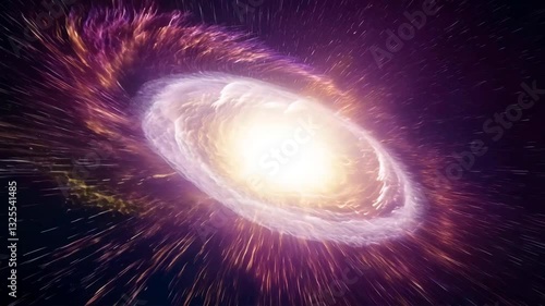 Glowing golden galaxy with swirling stars and cosmic dust clouds