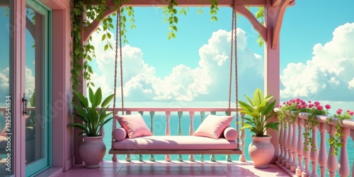 Serene Pink Balcony Oasis  A Hanging Daybed with Ocean View and Lush Greenery