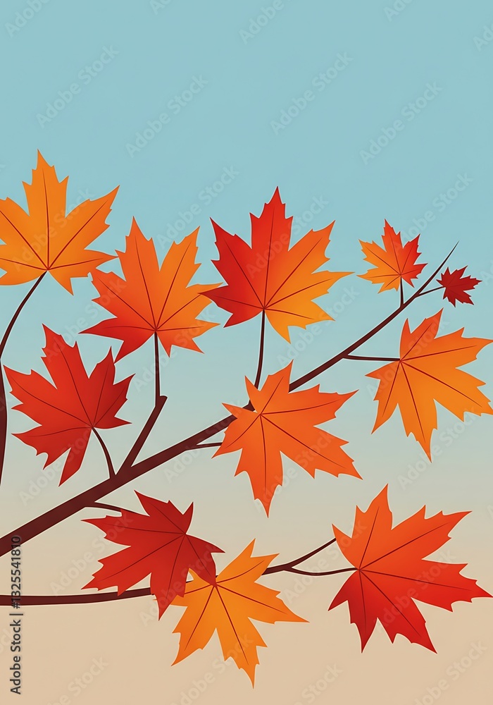 Colorful Autumn Maple Leaves on Branch Illustration Against a Sky Background Colorful Autumn Maple Leaves on Branch Illustration Against a Sky Background