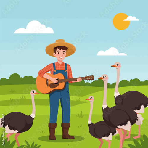 Farmer Playing Guitar with Ostriches on a Sunny Day Illustration