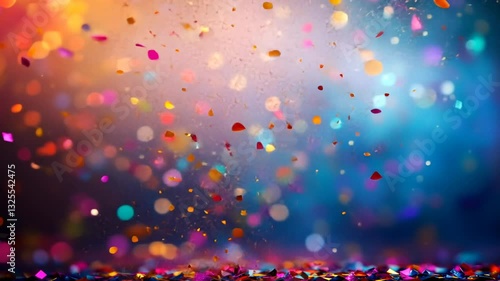 Festive celebration with colorful confetti falling and bokeh lights background