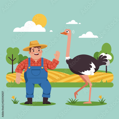 Farmer Waving at Ostrich Walking in a Cheerful Field Illustration