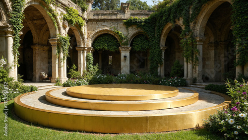 Wallpaper Mural A gold circular platform in a historic courtyard with stone arches and vines. Torontodigital.ca