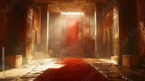 Intricate hall inside an ancient Egyptian pyramid showcasing carvings and red carpet