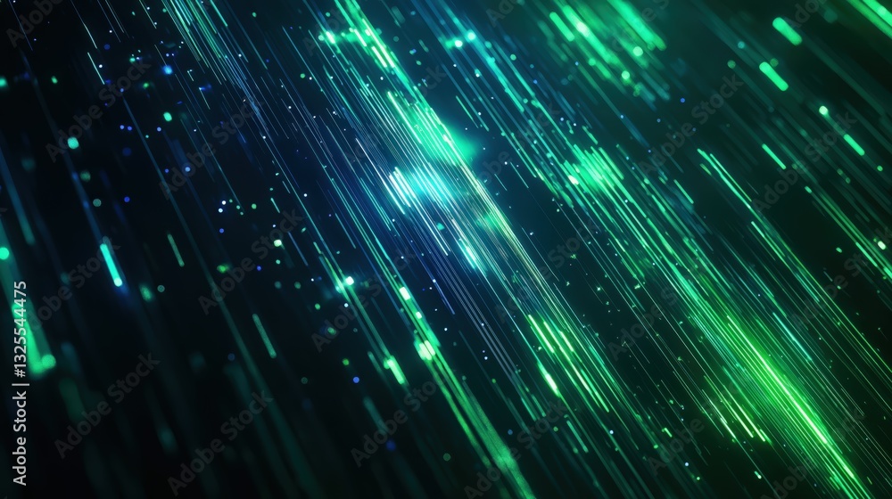 Generative AI, Futuristic Abstract Light Streaks in Neon Blue and Emerald Green