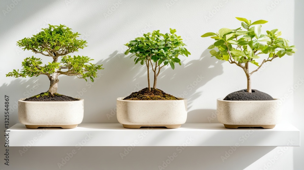 Three vibrant bonsai plants displayed on a minimalist white shelf. Three vibrant bonsai plants displayed on a minimalist white shelf.
