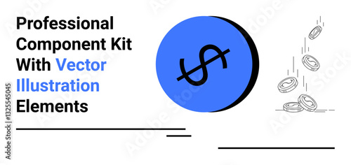 Dollar sign on a blue coin next to coins dropping in motion. Ideal for finance, investments, budgeting, savings, economics, digital assets, and flat landing page banner