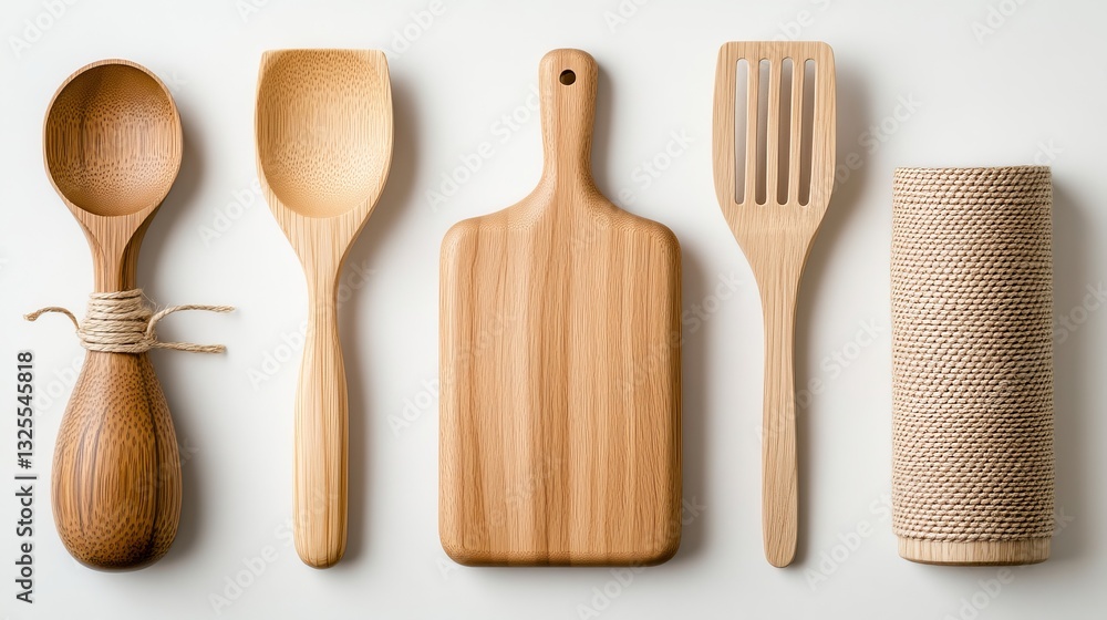 Set of elegant wooden kitchen utensils on a light background. Set of elegant wooden kitchen utensils on a light background.