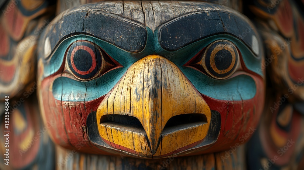 Detailed close-up of a Native American totem pole showcasing intricate carvings and vibrant colors Detailed close-up of a Native American totem pole showcasing intricate carvings and vibrant colors