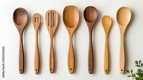 A collection of wooden cooking utensils arranged neatly on a light background.