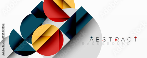 Abstract geometric artwork with overlapping circles and gradients, circle square triangle shapes background featuring sharp angular cuts, smooth shading, and structured layered composition