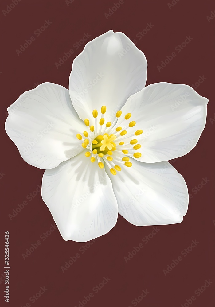 Obraz premium Elegant White Flower Blossom Illustration with Yellow Center on Burgundy Background